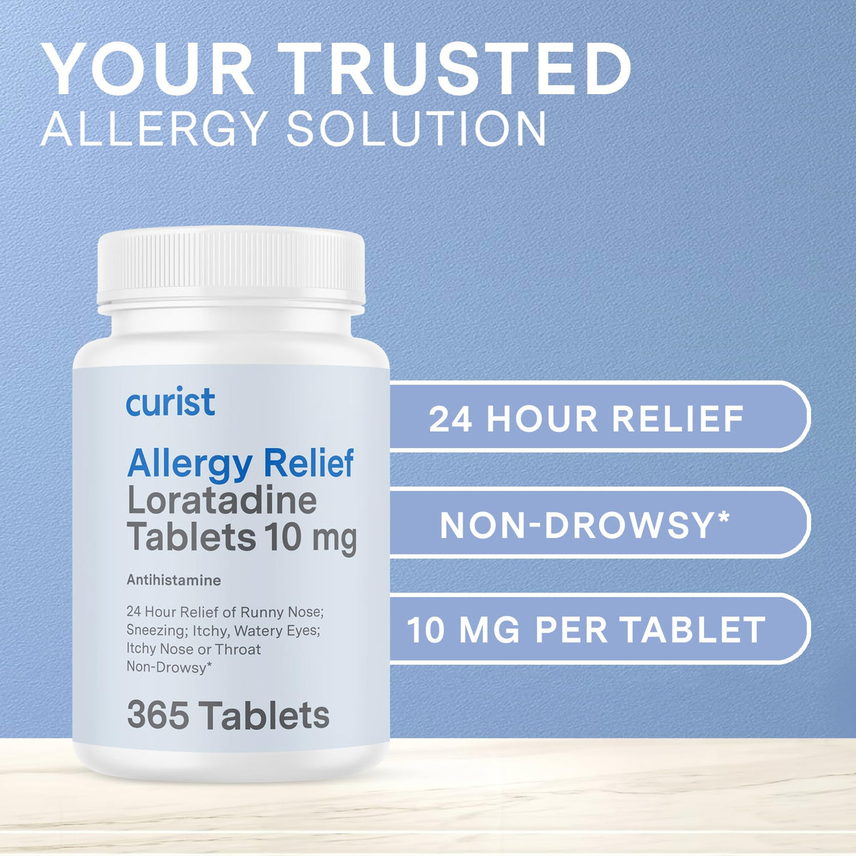 Side view of Curist non drowsy 365 count antihistamine daily supplement packaging