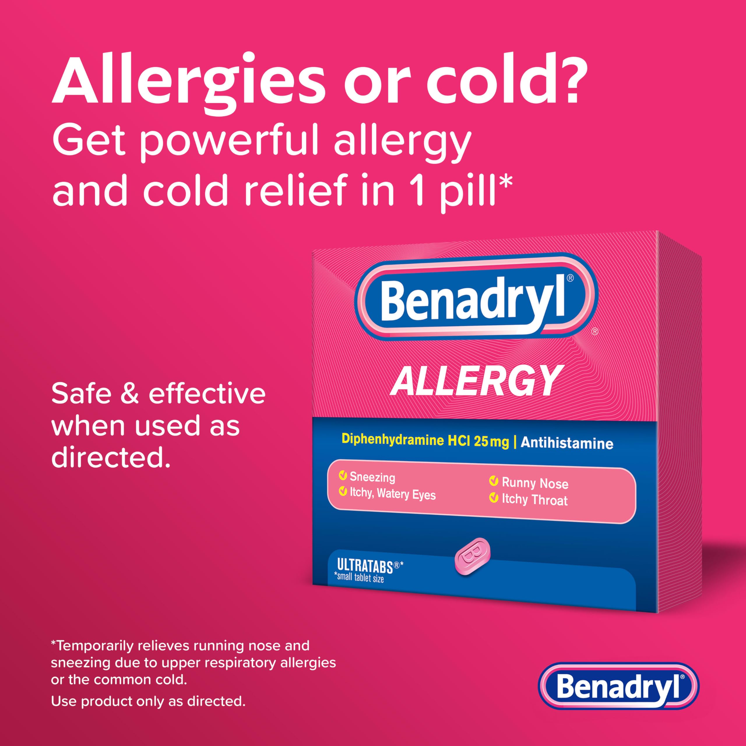 Benadryl 25 mg diphenhydramine HCl antihistamine tablets for sneezing and runny nose alleviation