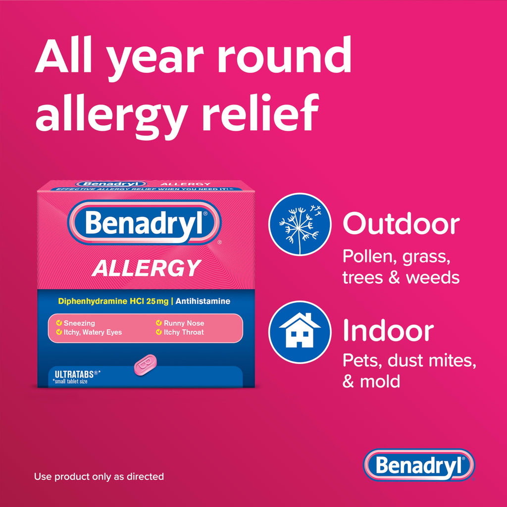 Benadryl imported allergy medicine package showing ingredients and dosage instructions label