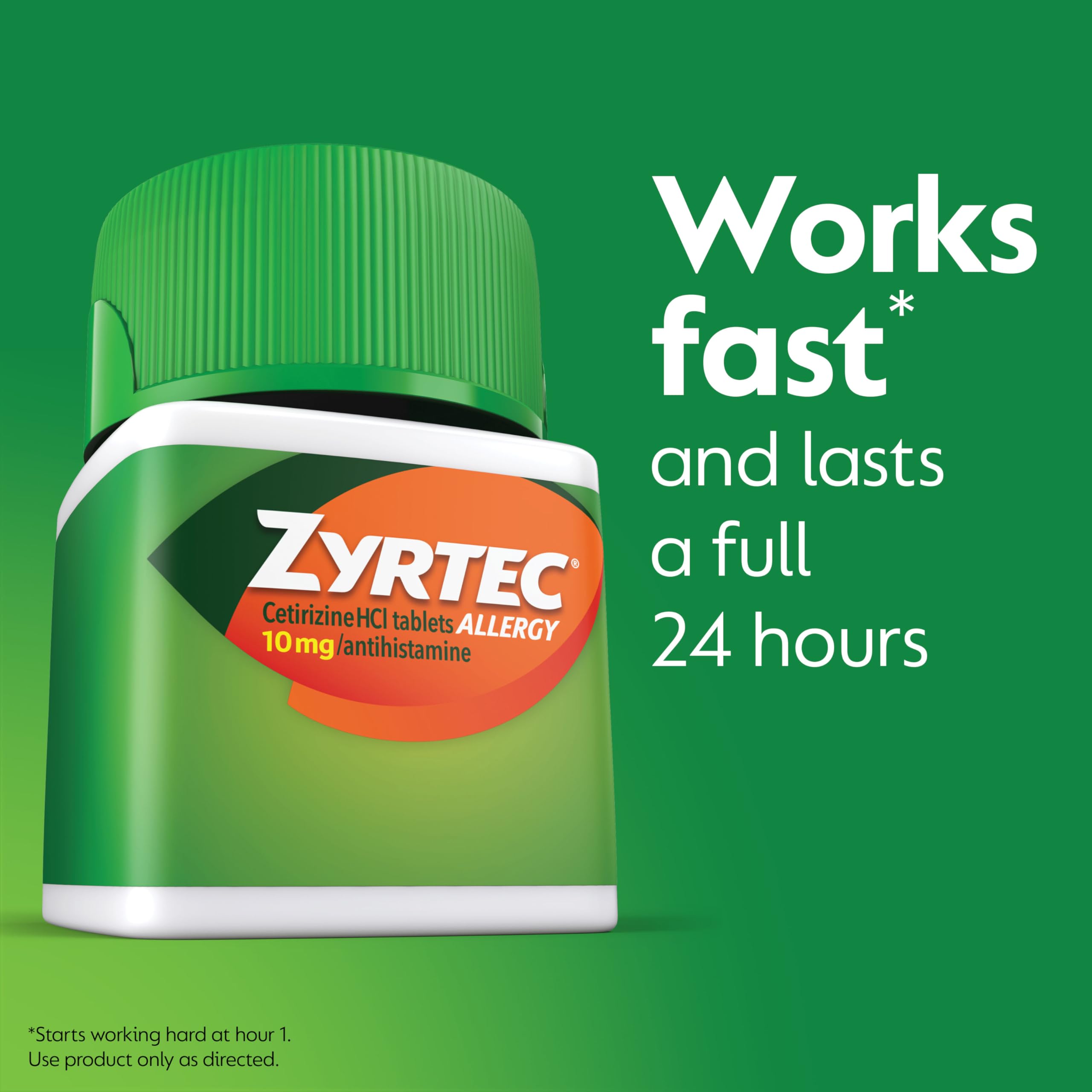 Zyrtec 10 mg Cetirizine Hydrochloride antihistamine bottle side label with drug facts and warnings