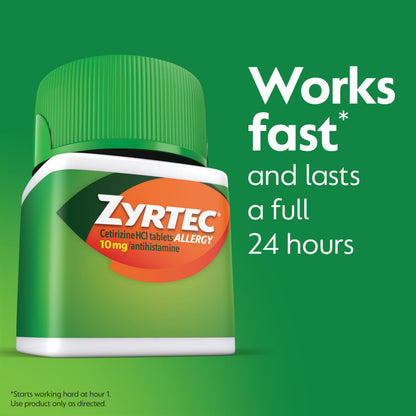 Zyrtec 10 mg Cetirizine Hydrochloride antihistamine bottle side label with drug facts and warnings