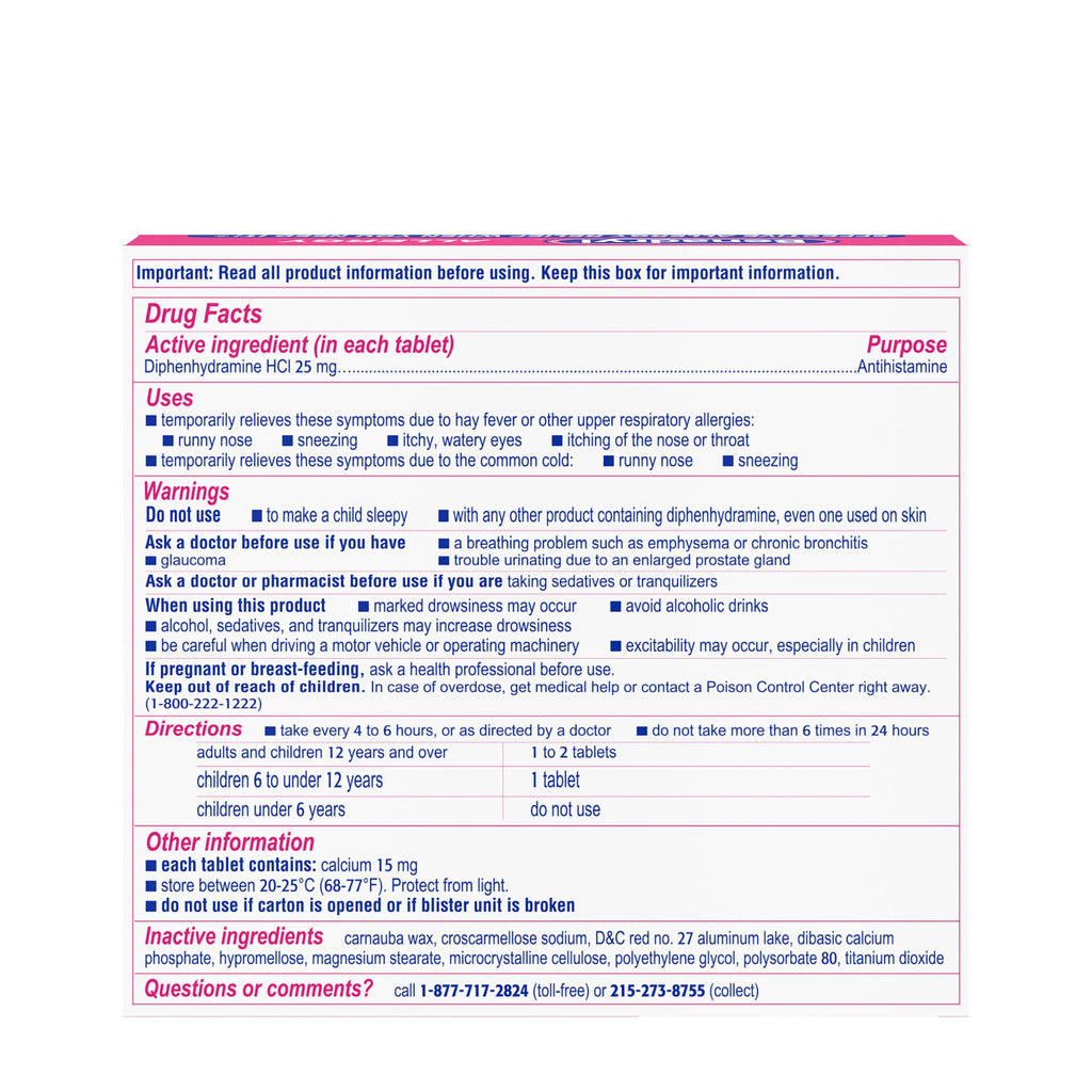 Benadryl Allergy Ultratabs secure packaging back view highlighting official bar code details