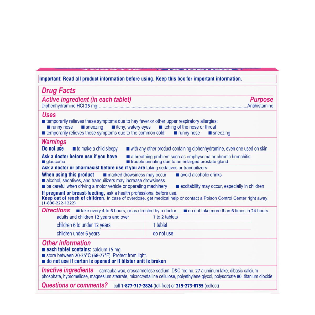 Benadryl Allergy Ultratabs secure packaging back view highlighting official bar code details