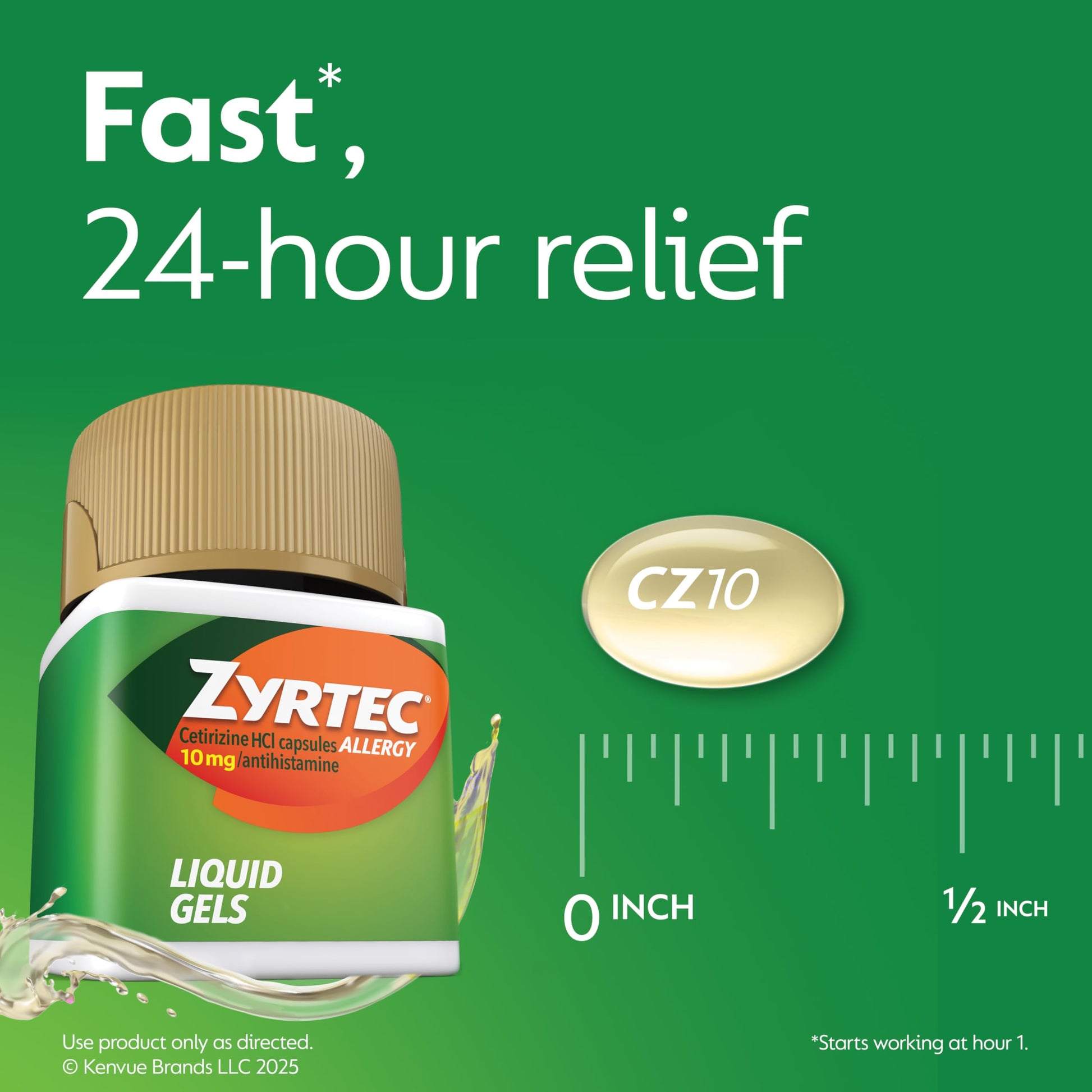 Zyrtec seasonal allergy relief packaging displaying the 24 hour symptom relief benefits.