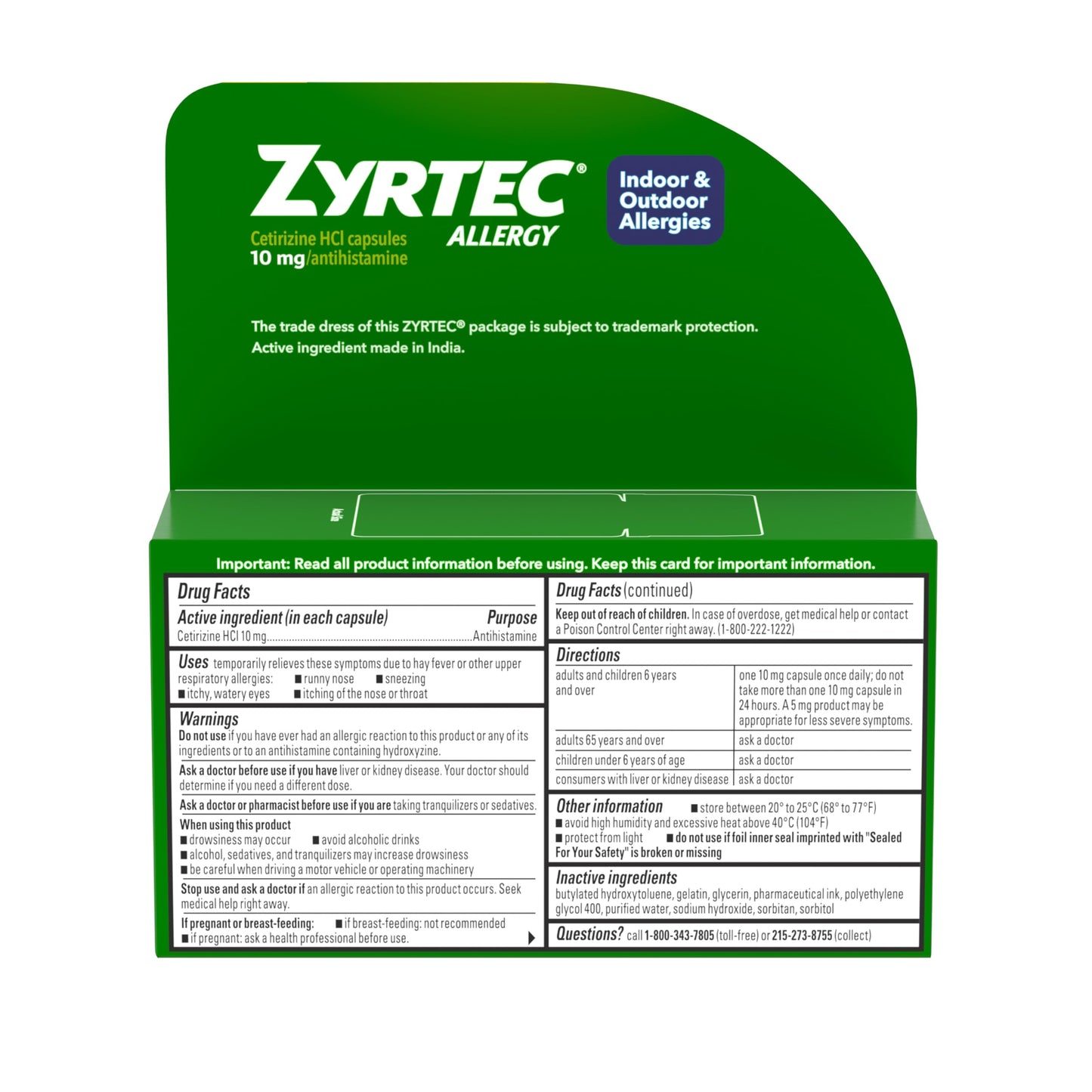 Full view of Zyrtec 40 count bottle for indoor and outdoor upper respiratory allergy protection.