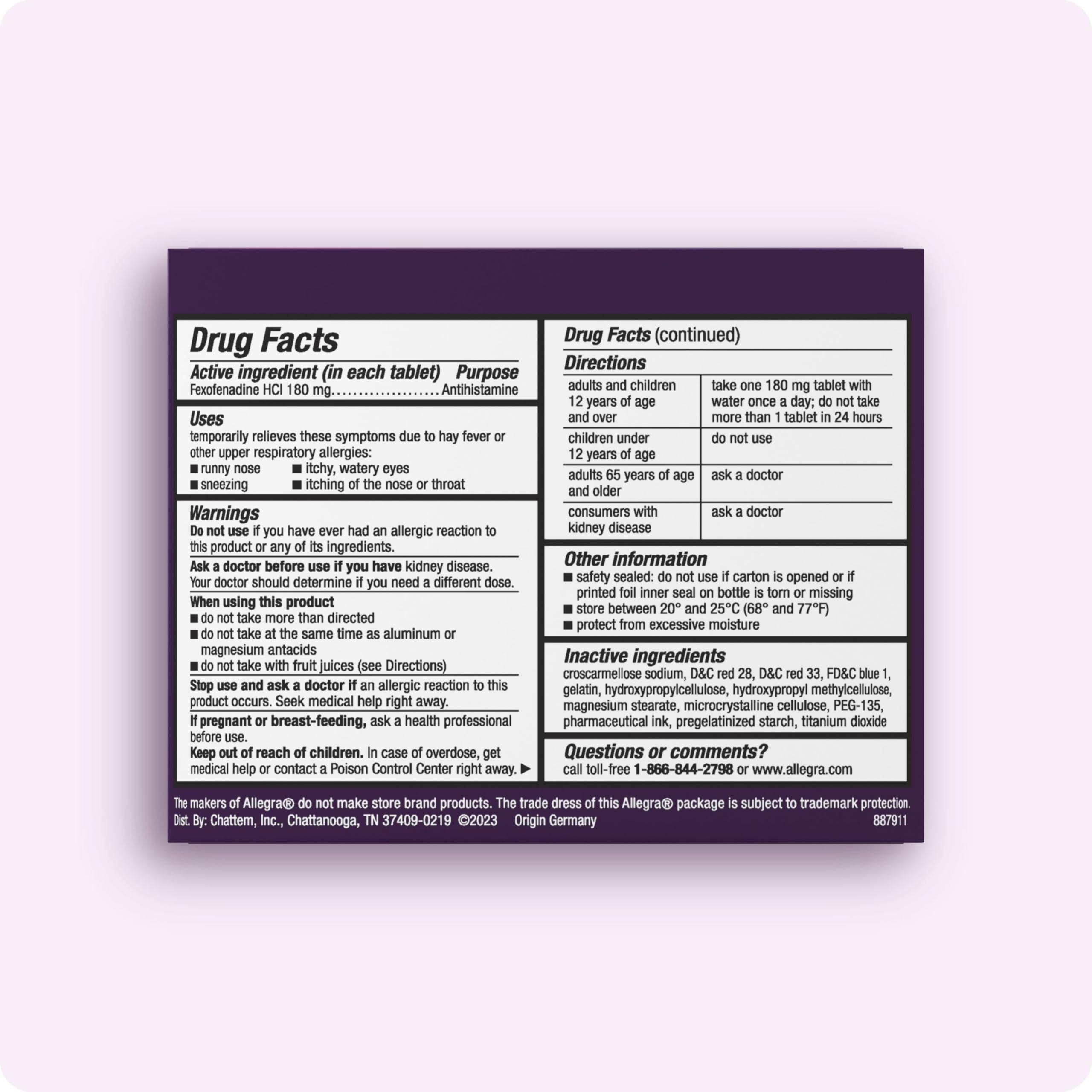 Allegra allergy 180 mg 60 count bottle showing the clear product label and ingredient list
