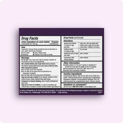 Allegra allergy 180 mg 60 count bottle showing the clear product label and ingredient list