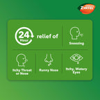 Childrens Zyrtec 24 Hour Allergy liquid packaging displaying dye free and sugar free labels