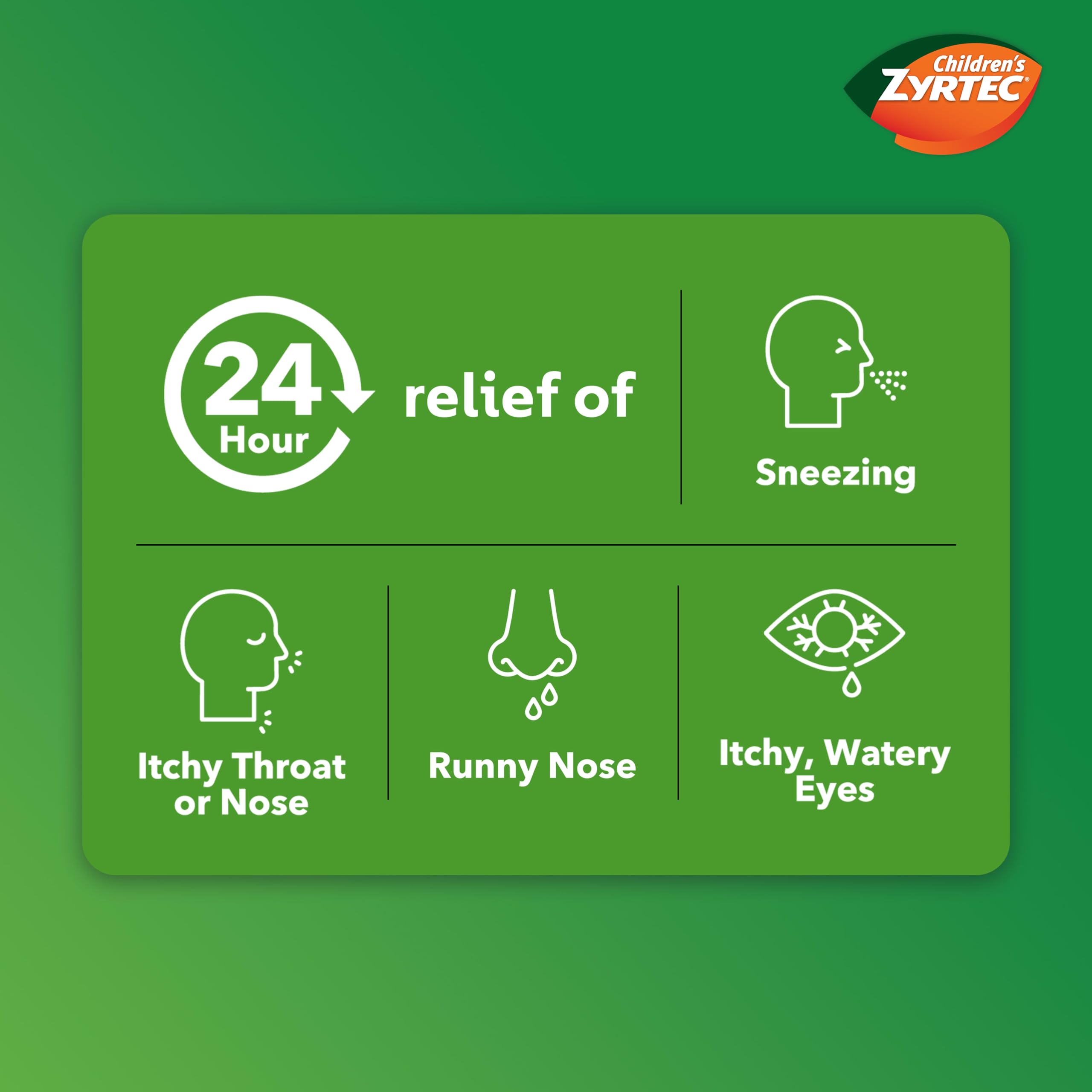 Childrens Zyrtec 24 Hour Allergy liquid packaging displaying dye free and sugar free labels