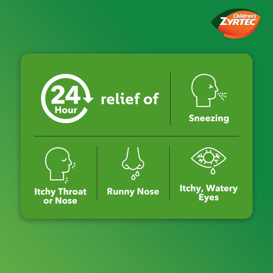 Childrens Zyrtec 24 Hour Allergy liquid packaging displaying dye free and sugar free labels
