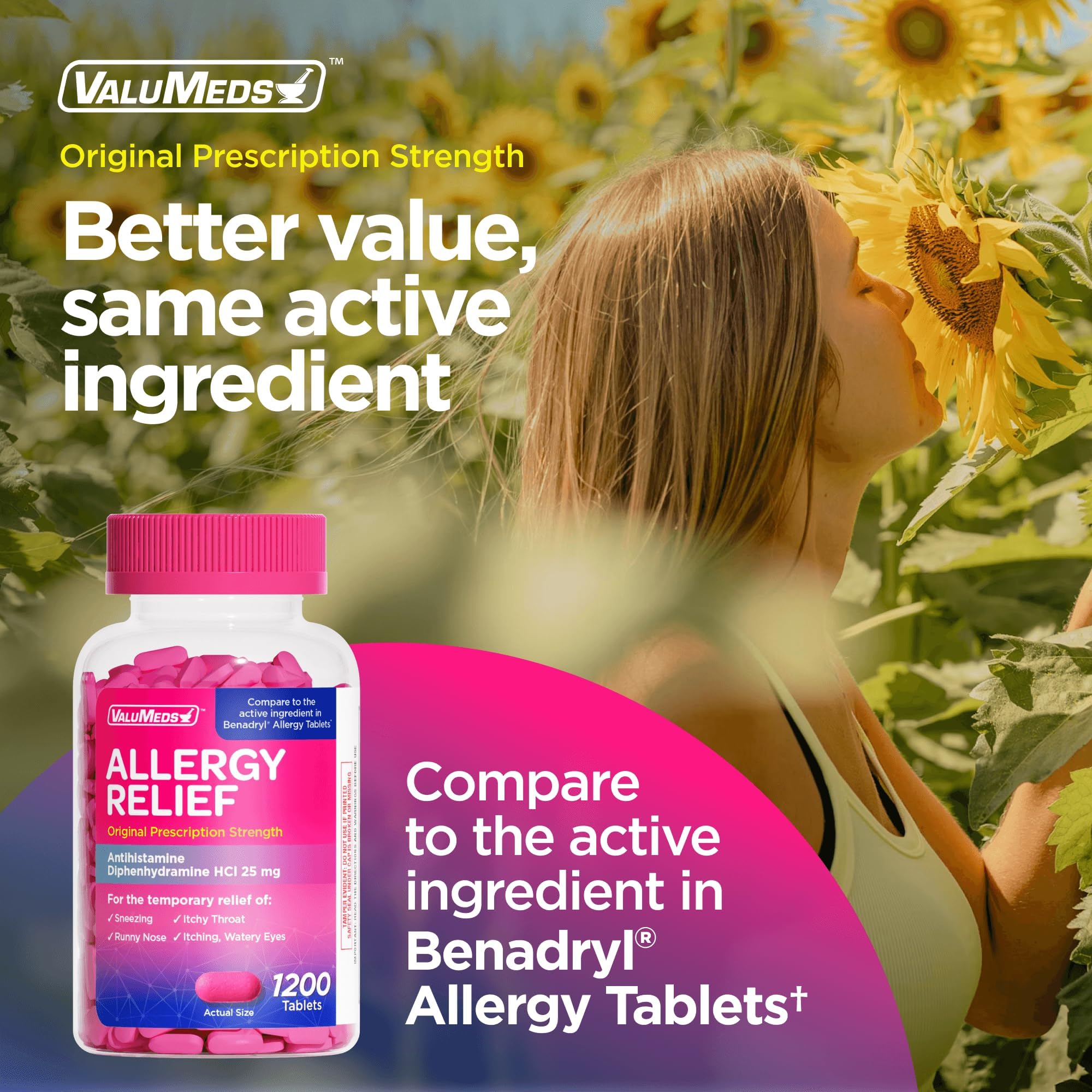 ValuMeds diphenhydramine hydrochloride 25 mg antihistamine supplement label facts and ingredients list.