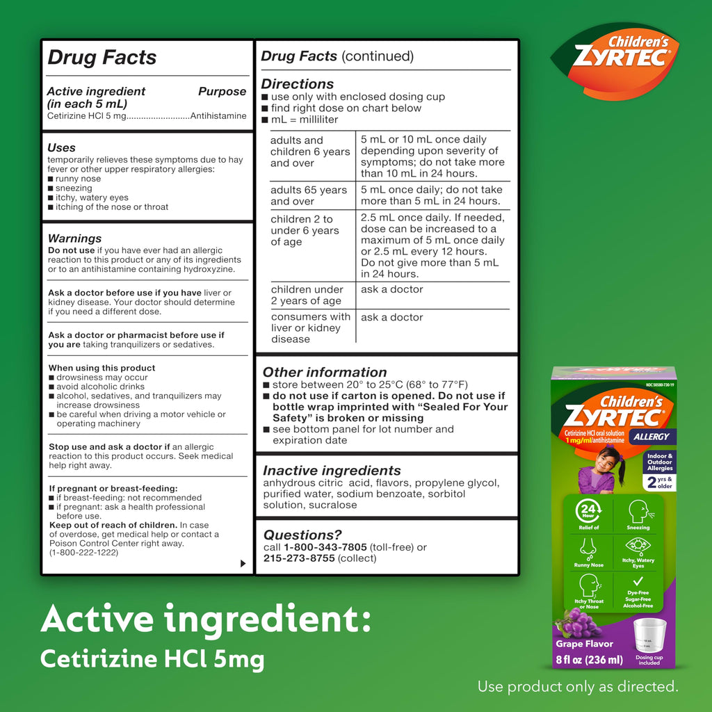 Close up of Childrens Zyrtec allergy relief syrup for seasonal hay fever management