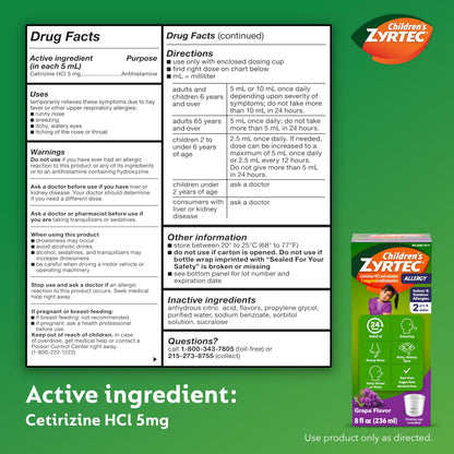 Close up of Childrens Zyrtec allergy relief syrup for seasonal hay fever management