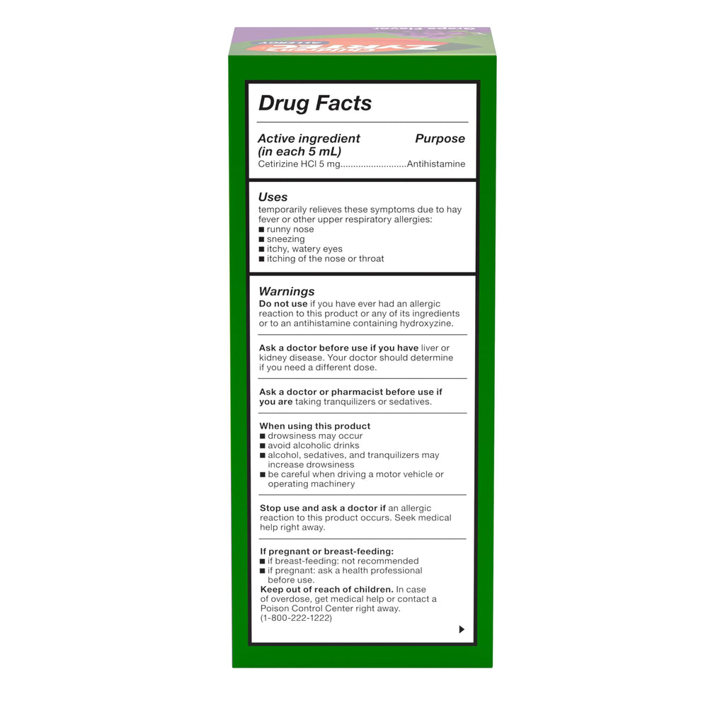 Side view of Zyrtec kids antihistamine bottle showing authentic manufacturing info