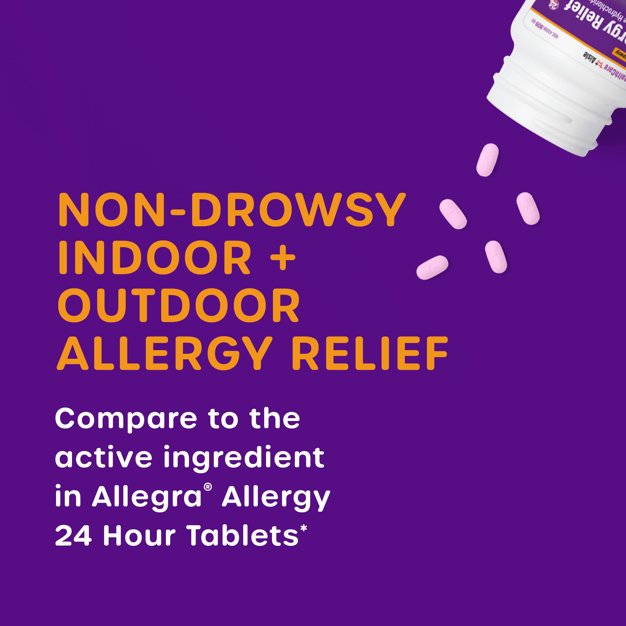 HealthCareAisle Fexofenadine Hydrochloride 180 mg tablet bottle showing drug facts and ingredients