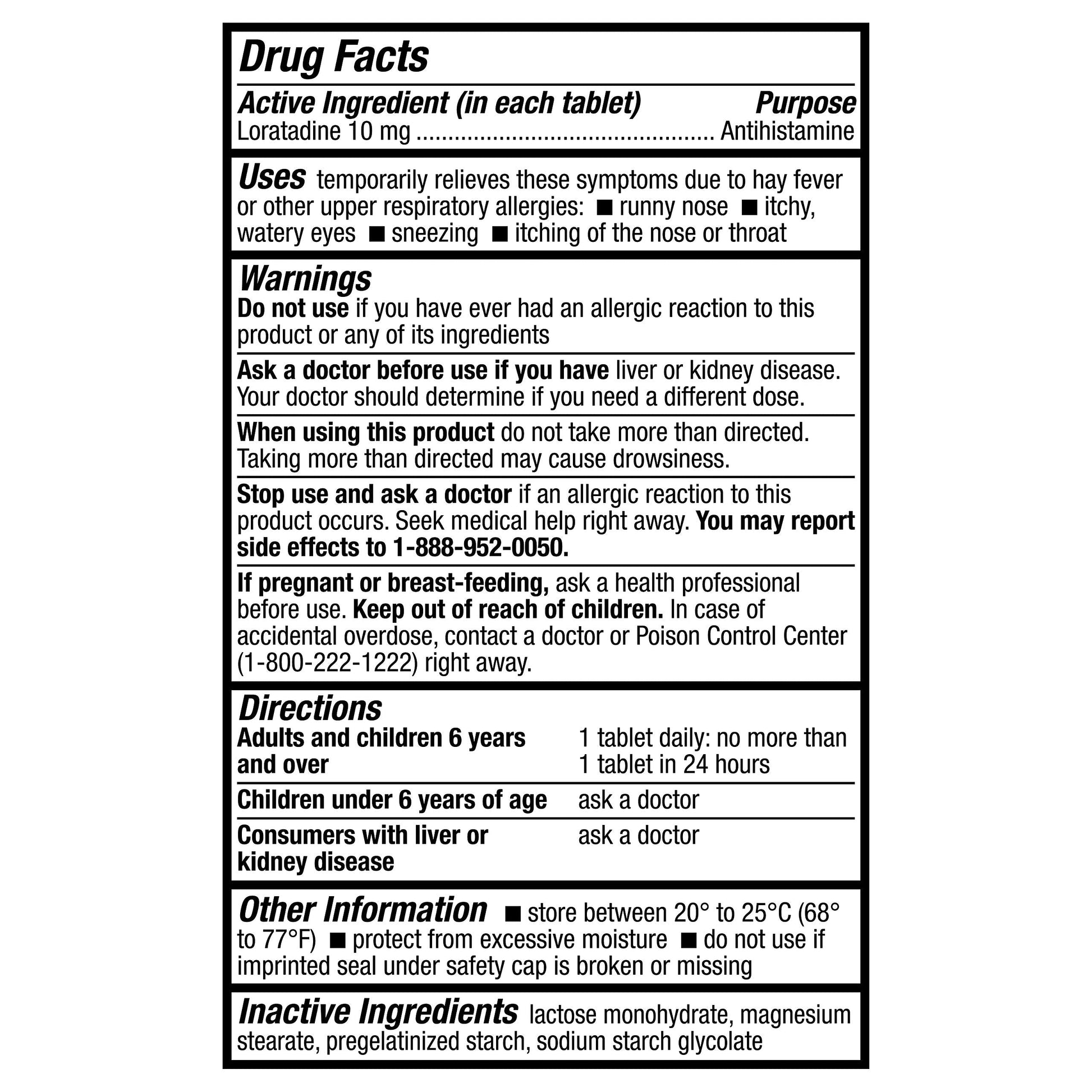 Side view of HealthA2Z Allergy Relief bottle listing active ingredients and drug facts for sneezing protection.