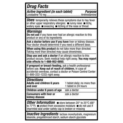 Side view of HealthA2Z Allergy Relief bottle listing active ingredients and drug facts for sneezing protection.