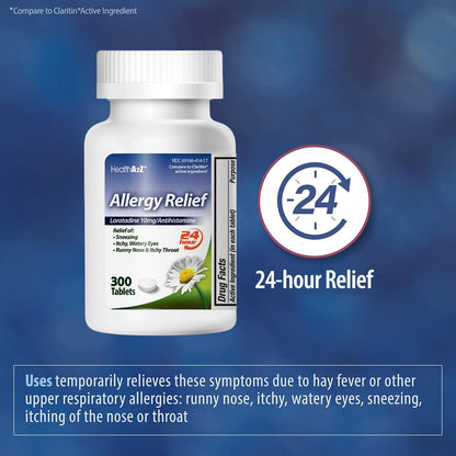 Authentic USA imported HealthA2Z 300 tablets container displaying dosage directions for seasonal hay fever.