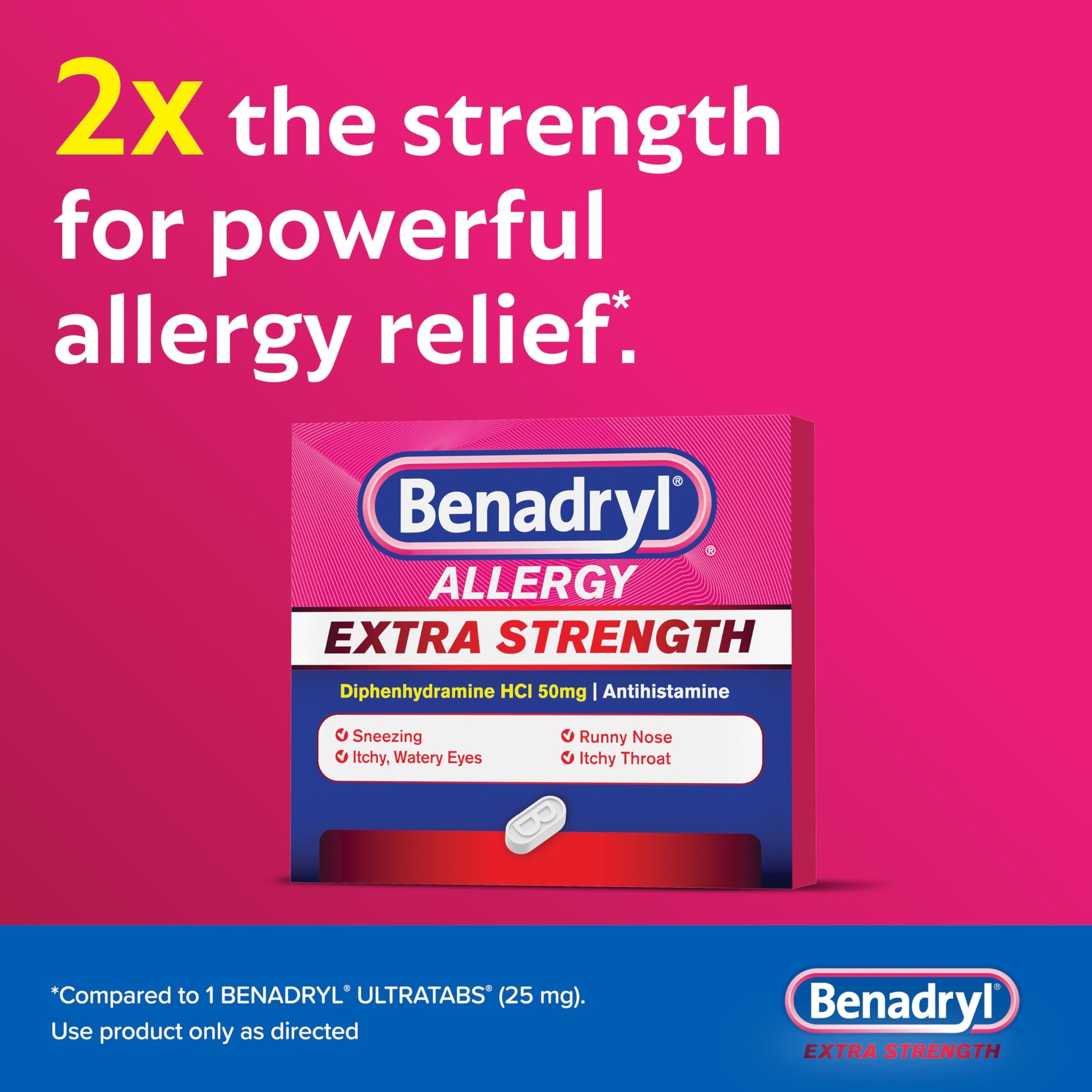 Benadryl Extra Strength 50mg Diphenhydramine HCl antihistamine tablets medicine facts and ingredients panel view