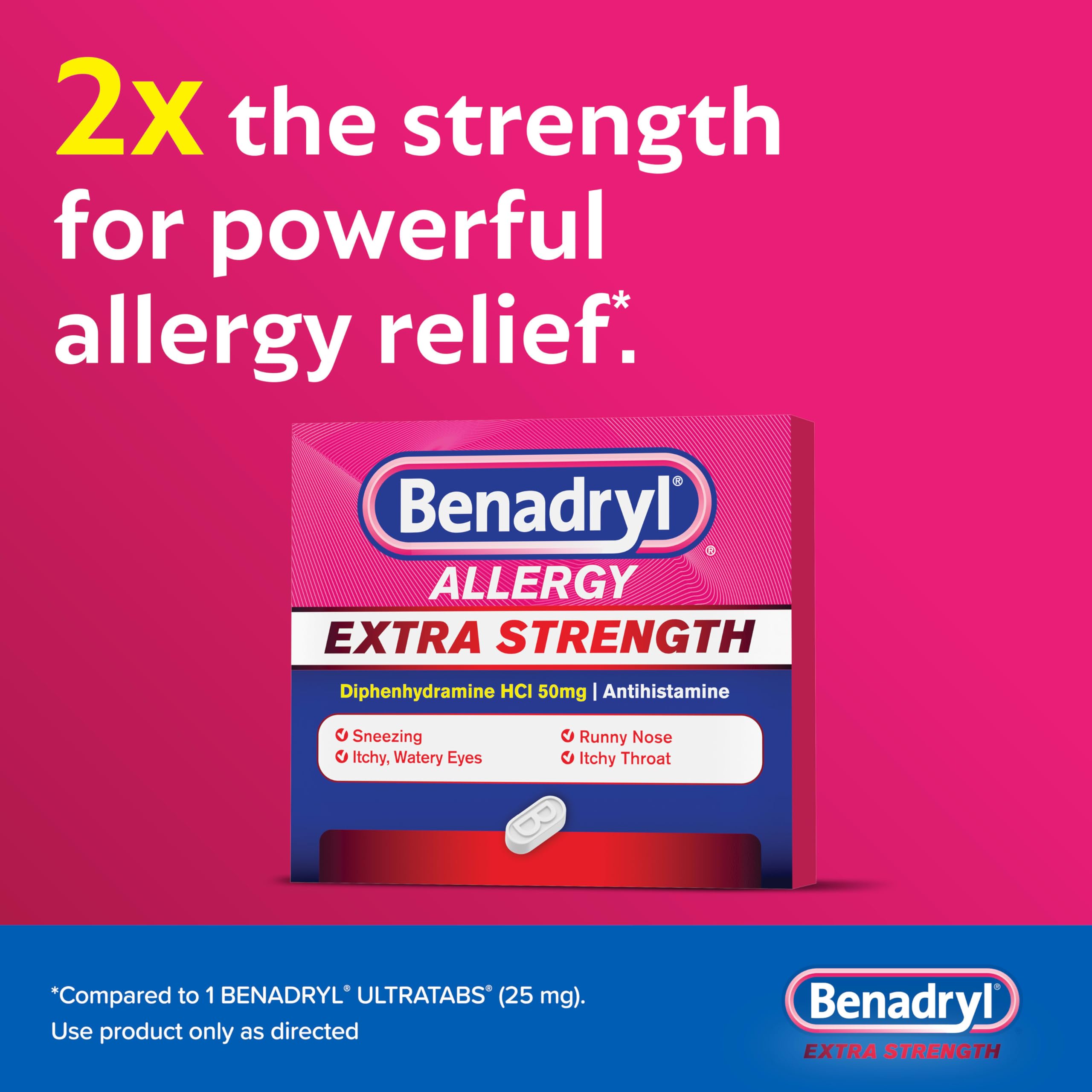 Benadryl Extra Strength 50mg Diphenhydramine HCl antihistamine tablets medicine facts and ingredients panel view