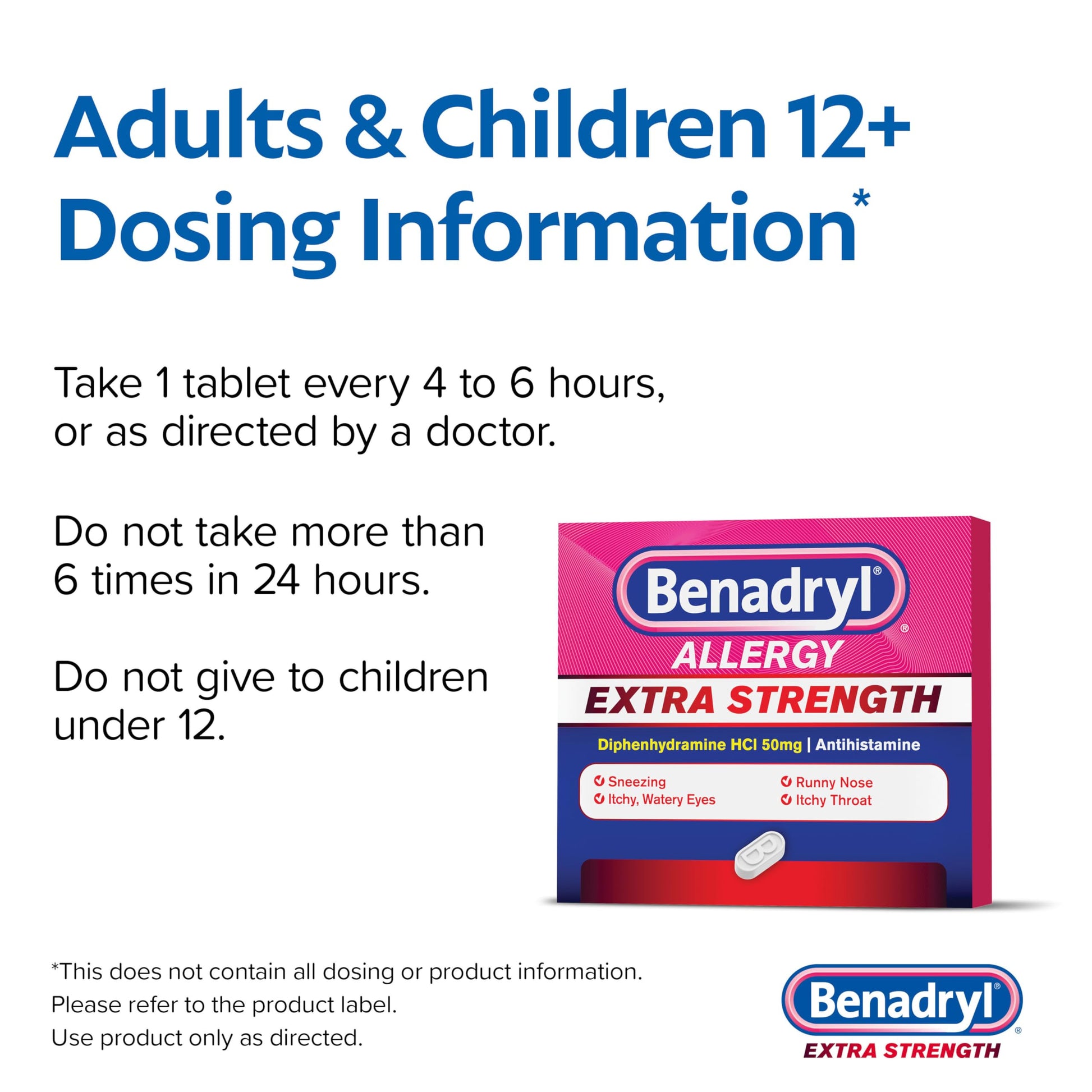 Pasteur Pharmacy Benadryl 50mg antihistamine allergy relief medication side packaging displaying safety warnings