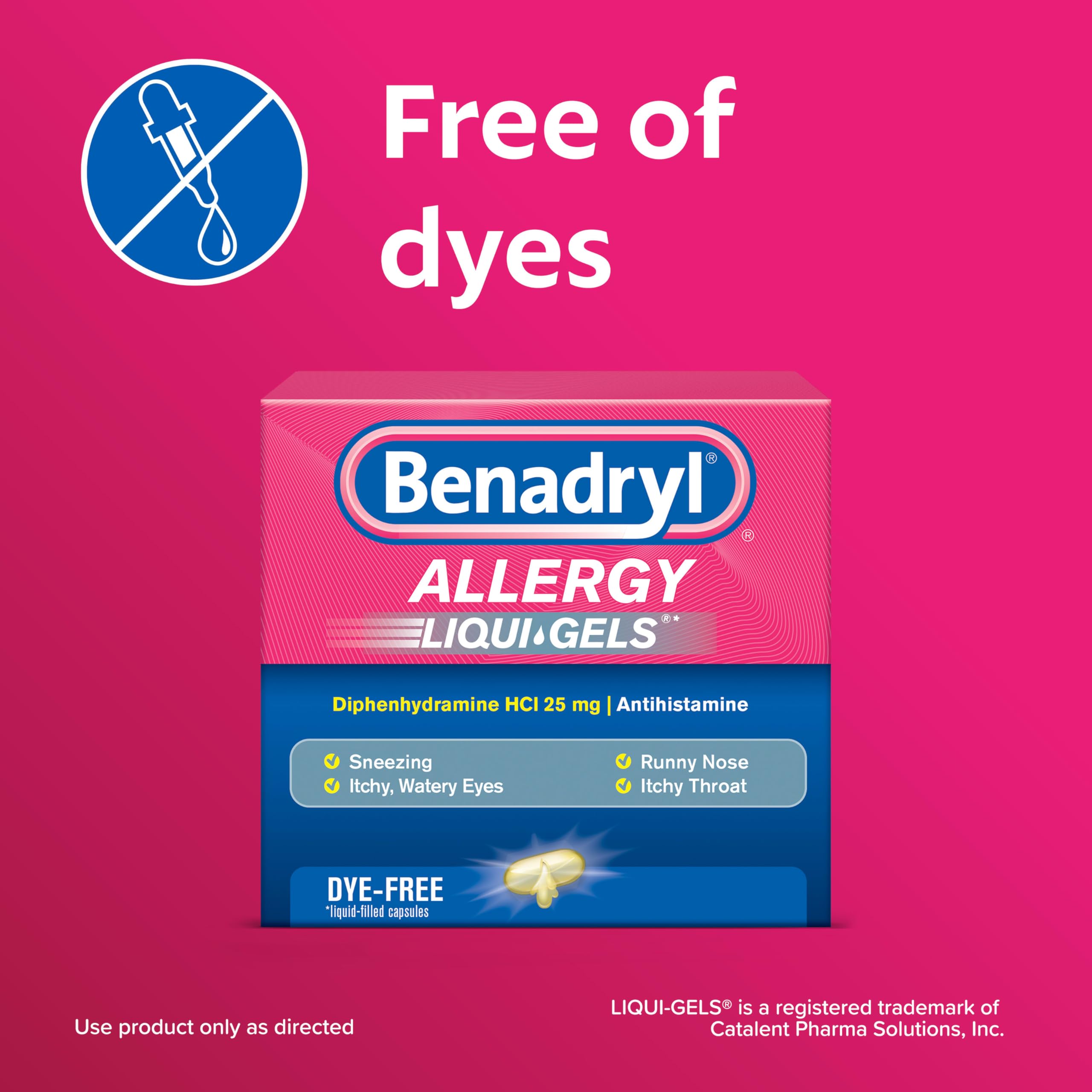 Benadryl 25 mg Diphenhydramine HCl liquid gel capsules drug facts and ingredient label