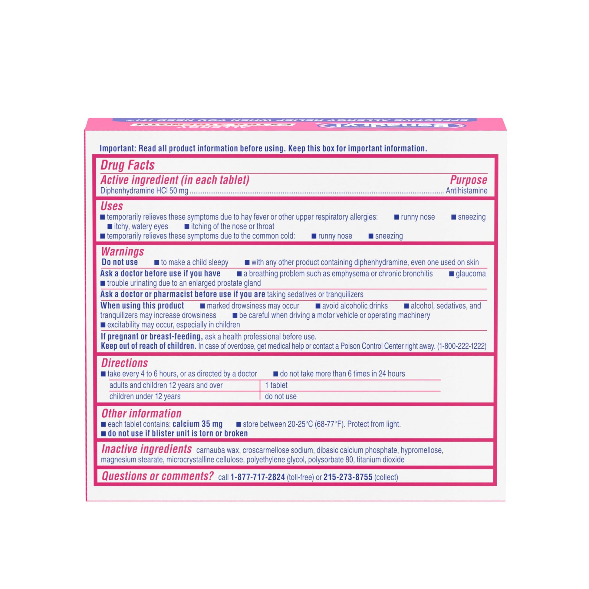 Benadryl Extra Strength 24 count allergy relief medicine tablets blister pack expiration date and lot detail view