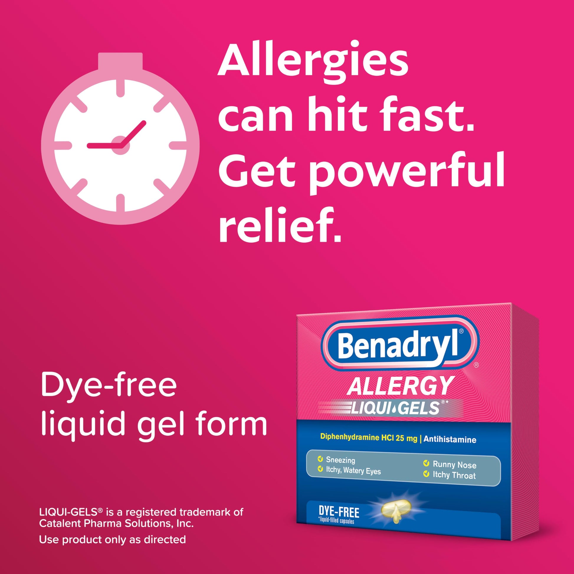 Authentic Benadryl allergy antihistamine dye free liquid gels packaging close up side panel