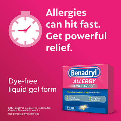 Authentic Benadryl allergy antihistamine dye free liquid gels packaging close up side panel