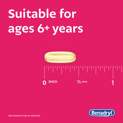 Dye free Benadryl liquid filled capsules for indoor and outdoor allergy symptom control