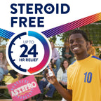 Astepro allergy relief packaging box displaying the fast-acting 30-minute relief emblem and steroid-free benefits.