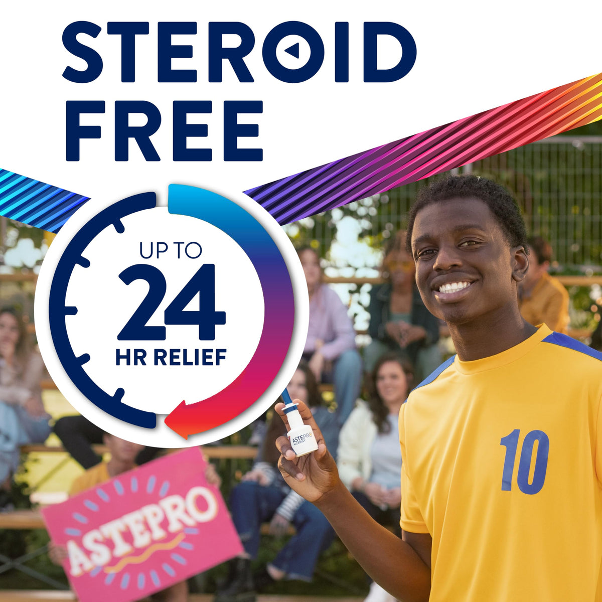 Astepro allergy relief packaging box displaying the fast-acting 30-minute relief emblem and steroid-free benefits.