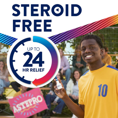 Astepro allergy relief packaging box displaying the fast-acting 30-minute relief emblem and steroid-free benefits.