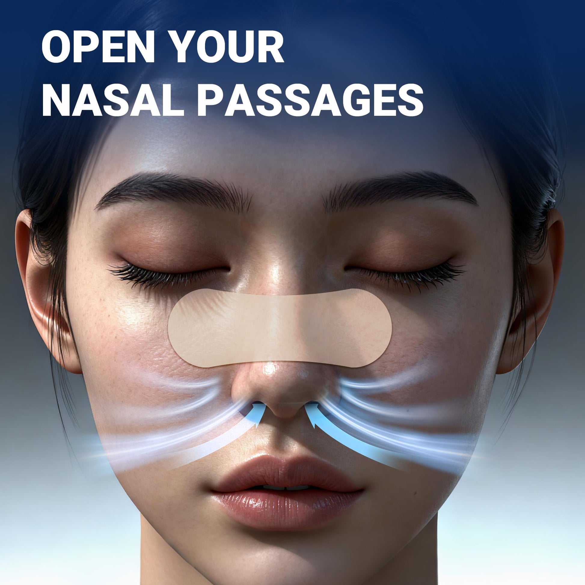 Clear invisible nose strips applied on a person nose to demonstrate discreet anti snoring design.