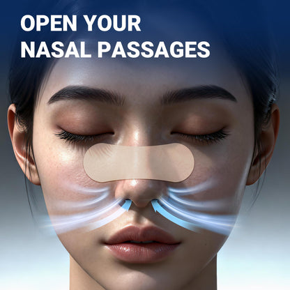 Clear invisible nose strips applied on a person nose to demonstrate discreet anti snoring design.