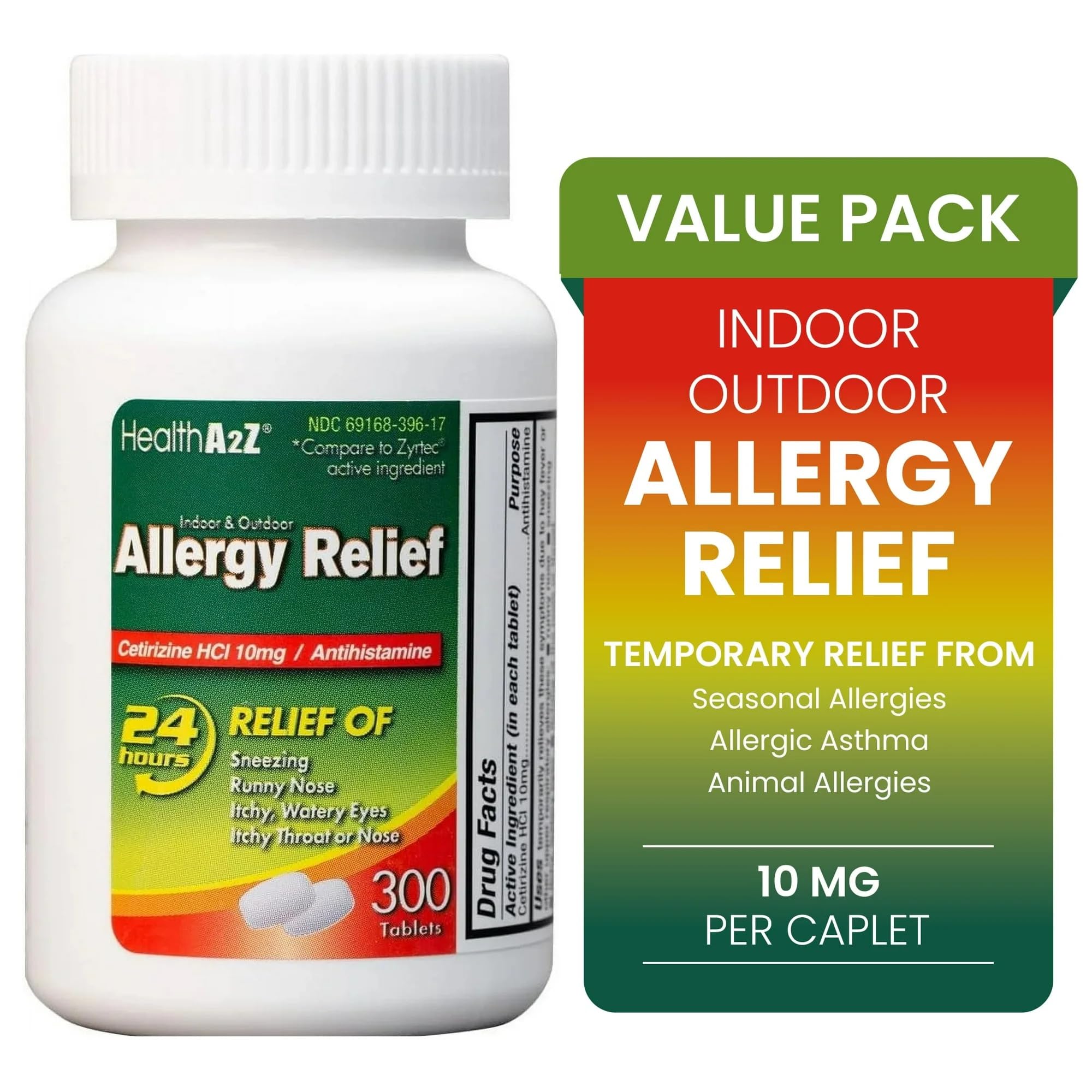 HealthA2Z Cetirizine Hydrochloride 10mg antihistamine supplement facts label