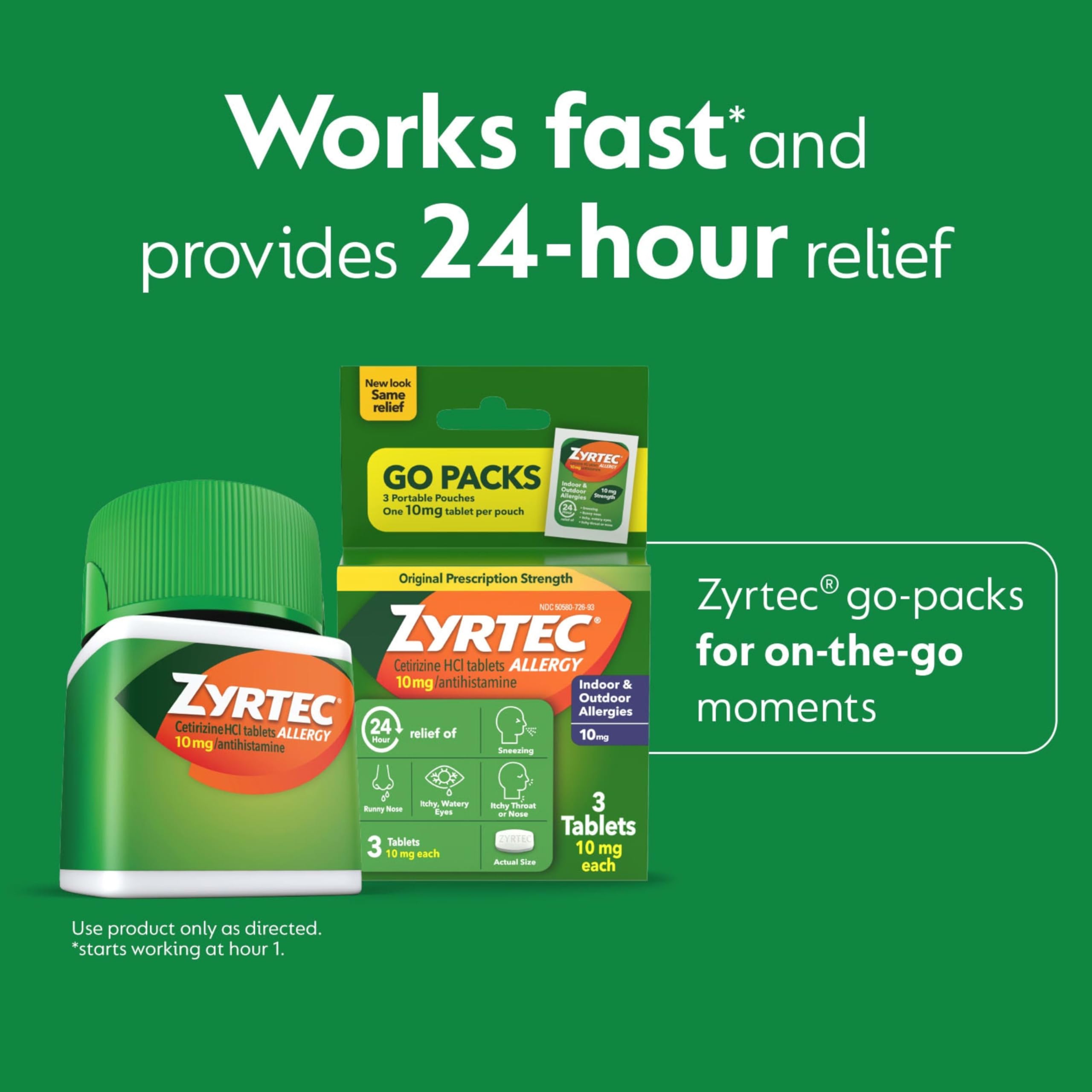 Zyrtec Cetirizine 10 mg antihistamine pills for indoor and outdoor environmental allergies