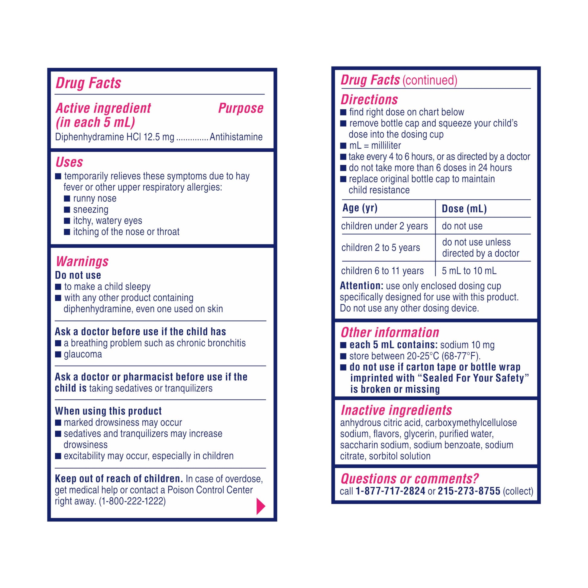 Side view of Childrens Benadryl 8oz dye free liquid showing age warnings and instructions