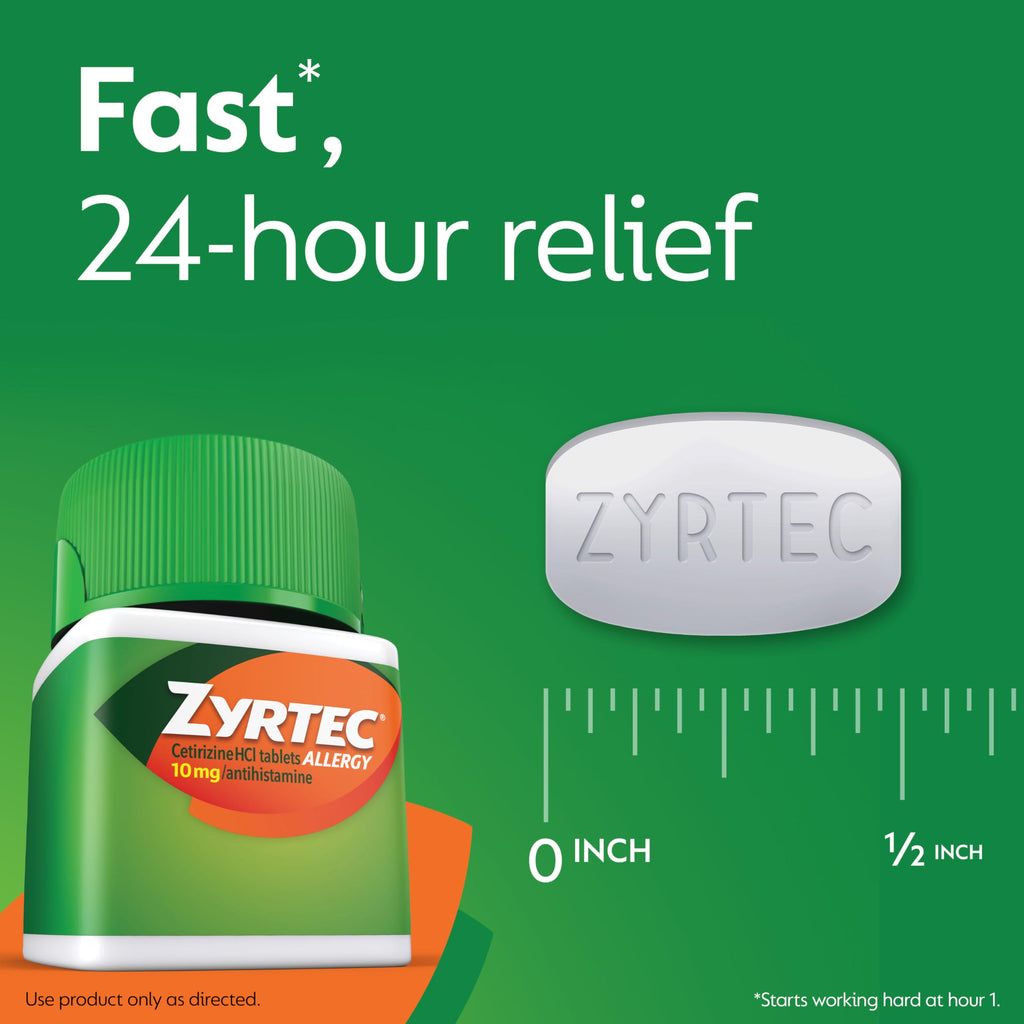 Zyrtec indoor and outdoor allergy treatment supplements side view with product ingredients