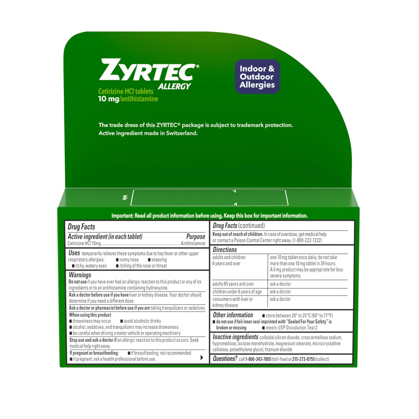 Zyrtec 10 mg antihistamine medication for twenty four hour relief from itchy watery eyes