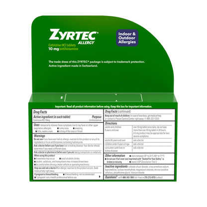 Zyrtec 10 mg antihistamine medication for twenty four hour relief from itchy watery eyes