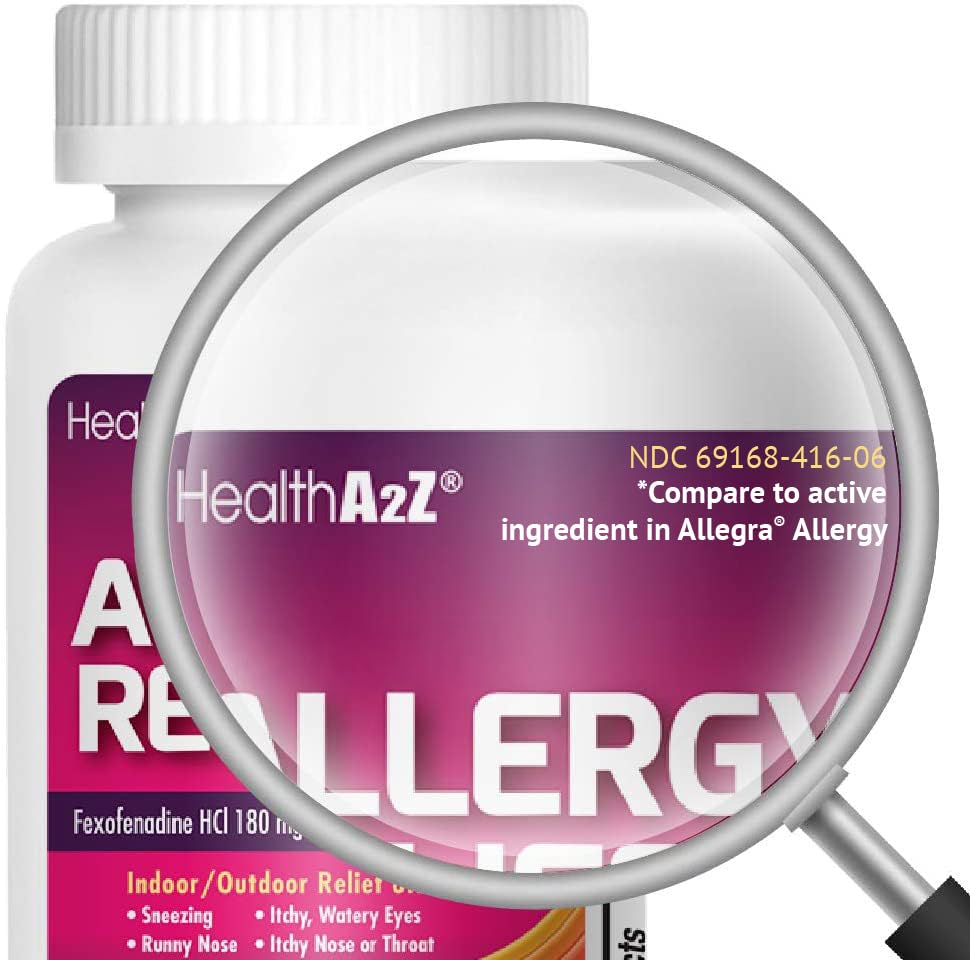 HealthA2Z non drowsy allergy medicine 120 caplets container showcasing 24 hour symptom relief benefits.