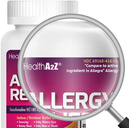 HealthA2Z non drowsy allergy medicine 120 caplets container showcasing 24 hour symptom relief benefits.
