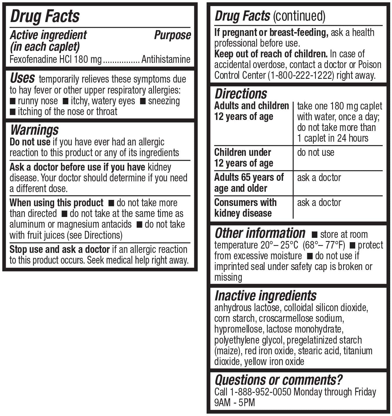 Side view of HealthA2Z fexofenadine hydrochloride 180mg bottle displaying active ingredient specifications.