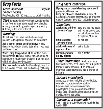 Side view of HealthA2Z fexofenadine hydrochloride 180mg bottle displaying active ingredient specifications.