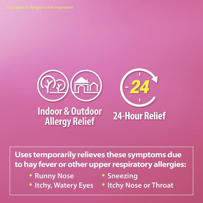 HealthA2Z 24 hour allergy relief 180mg coated caplets bottle placed upright on a clean surface.