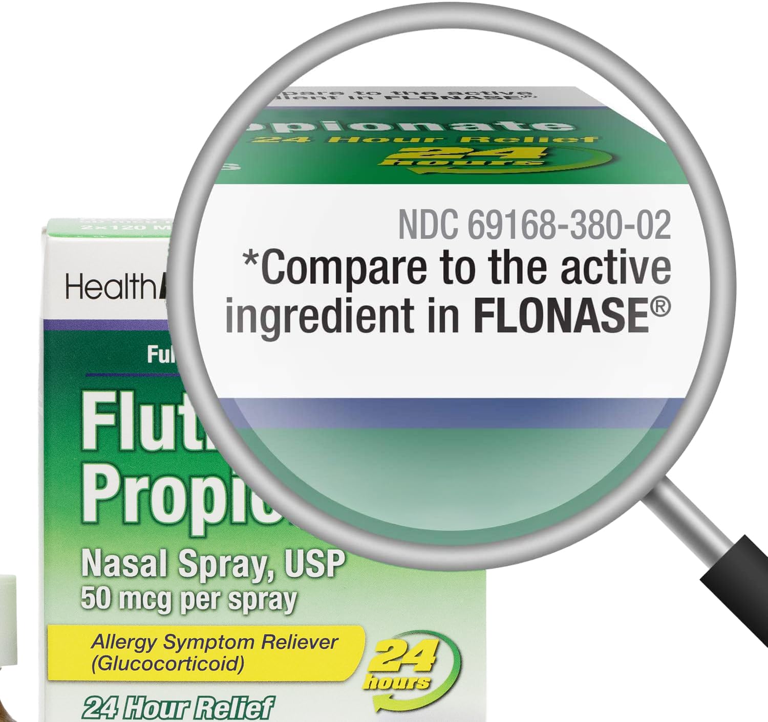HealthA2Z 24 hour allergy relief nasal spray 50mcg bottle showing the metered spray nozzle