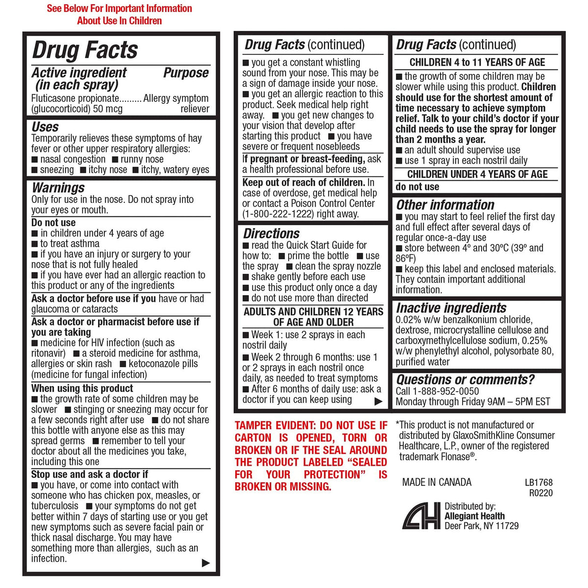 Imported dye free fluticasone propionate nasal spray packaging highlighting product drug facts