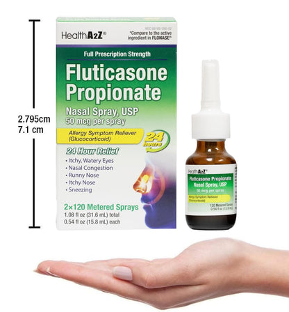 HealthA2Z glucocorticoid nasal allergy spray packaging detailing the weekly usage instructions