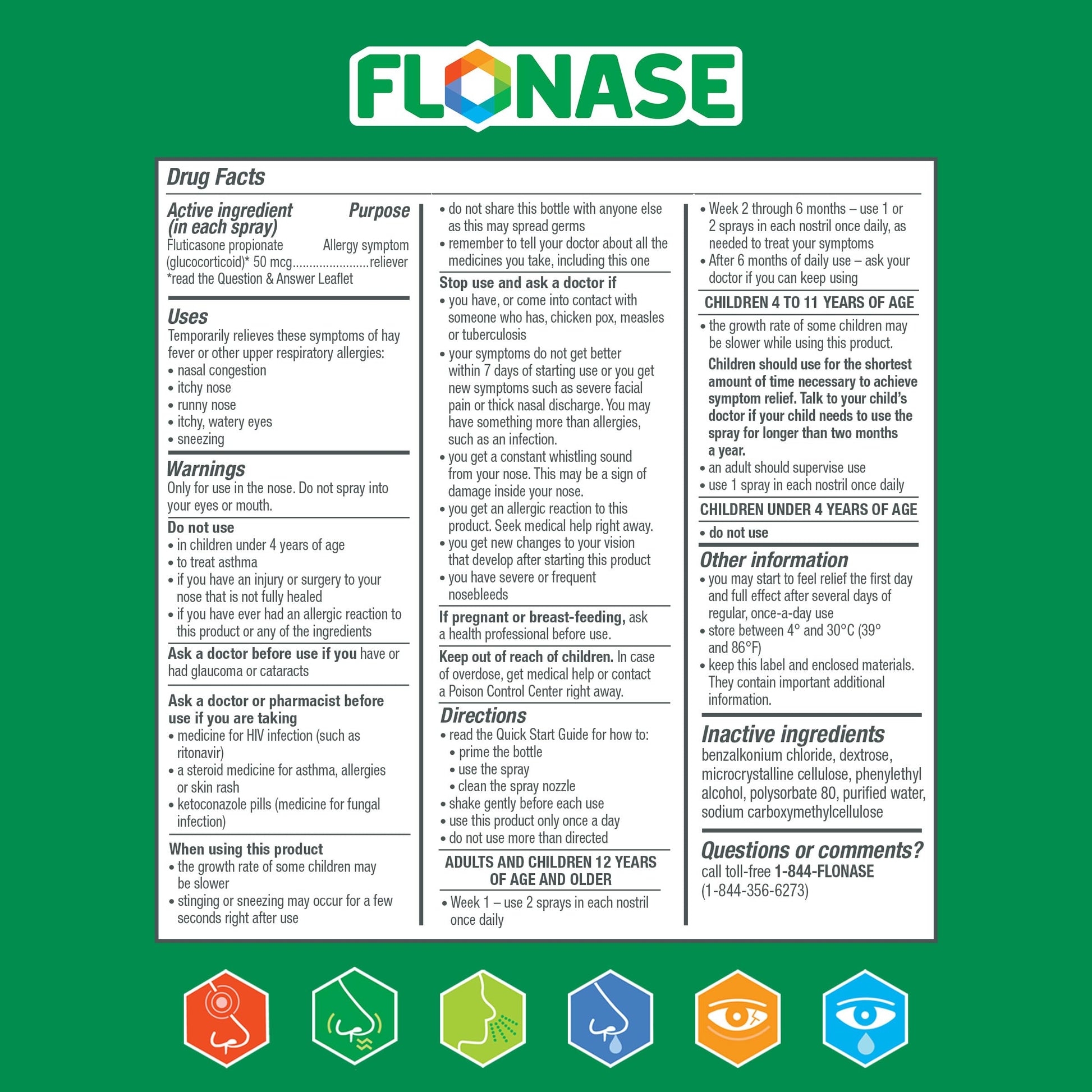 Full retail display box of USA sourced Flonase allergy relief formula for comprehensive seasonal allergen defense.